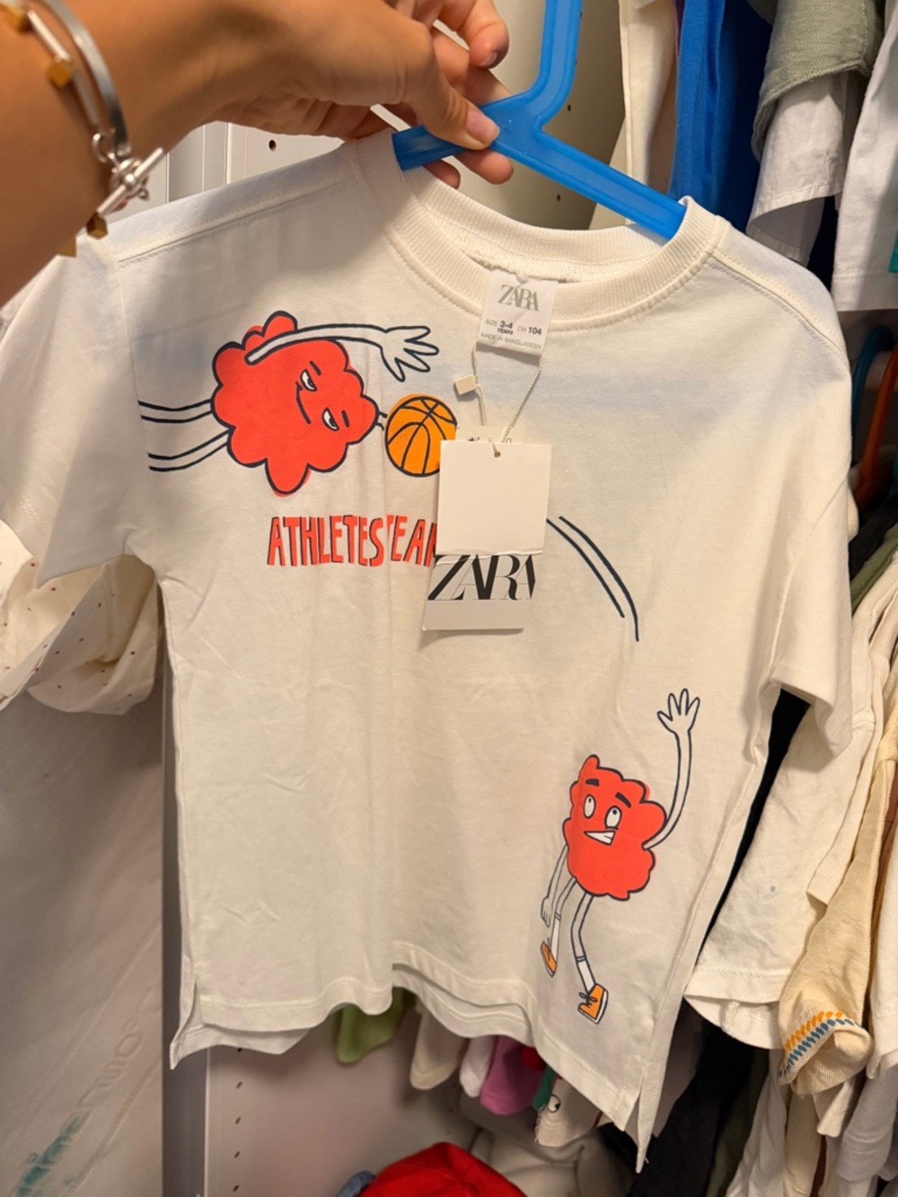 Zara White Long-Sleeve Tee with Red Character Basketball Graphics